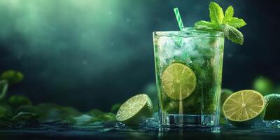 Refreshing mojito cocktail served in a glass with lime and mint on a cool surface photo