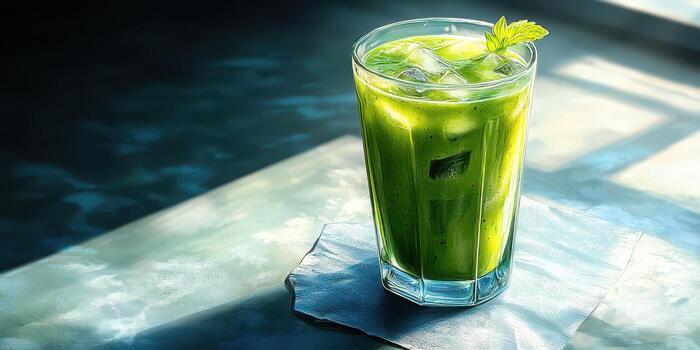 Refreshing green drink served on a table with a minimalist design and natural light highlighting its vibrant color photo