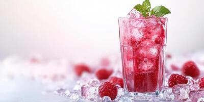 Refreshing raspberry drink with ice and mint served in a clear glass on a bright background during summer photo