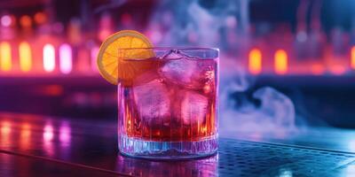 Vibrant cocktail with citrus garnish served in a stylish bar at night, illuminating the rich colors of the drink photo