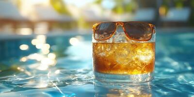 Refreshing drink with sunglasses floats in a clear pool during a sunny afternoon photo