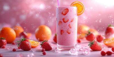 Refreshing strawberry and orange smoothie surrounded by fresh fruit on a bright surface photo