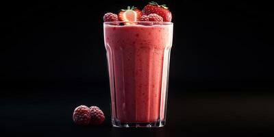 Refreshing berry smoothie served in a clear glass, garnished with strawberries and raspberries on a black background photo