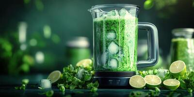 Freshly blended green smoothie from organic ingredients in a kitchen setting photo