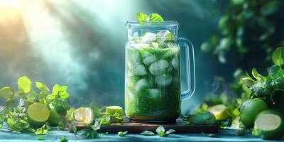 Refreshing mint and lime beverage served in a clear pitcher surrounded by fresh ingredients photo