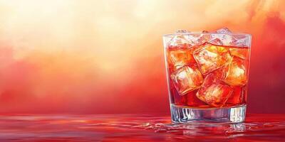 Refreshing cocktail served in a clear glass over ice with vibrant sunset background photo