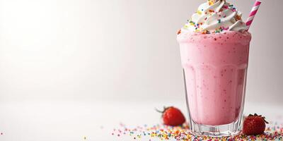 Refreshing strawberry shake topped with whipped cream and colorful sprinkles served in a tall glass photo