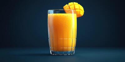 Refreshing mango smoothie served in a tall glass garnished with fresh mango slice on a dark background photo