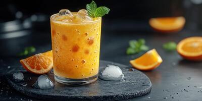 Refreshing citrus drink garnished with mint on a black slate surface surrounded by orange slices in a dimly lit setting photo