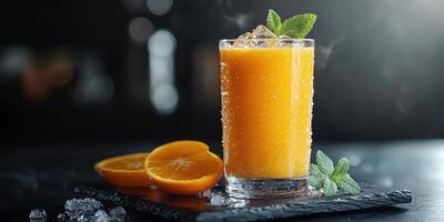 Freshly made orange juice served in a clear glass with mint leaves, ice, and orange slices on a garnished slate platter photo