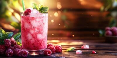 Refreshing raspberry drink served over ice in a rustic setting with fresh mint leaves and berries in the background photo