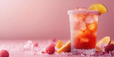 Refreshing cocktail with ice and fruit garnishes on a pink background during a warm summer afternoon photo