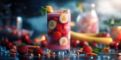 Refreshing fruit smoothie garnished with banana and strawberry served in a tall glass with ice cubes photo