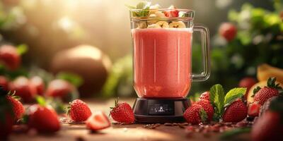 Fresh strawberry smoothie preparation in a sunny kitchen surrounded by fruits photo