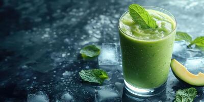 Refreshing green smoothie with mint leaves and ice on a dark background photo