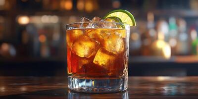 Refreshing cocktail served on a wooden bar counter with ice and a lime wedge photo