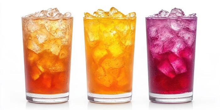 Refreshing colorful drinks filled with ice served in tall glasses at a summer gathering photo