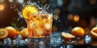 Refreshing drink splashes in glass with lemon slice highlighted by warm bokeh background and fresh oranges photo