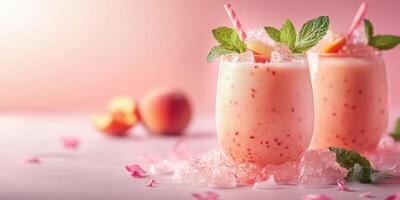 Refreshing peach smoothies with mint leaves served in elegant glasses on a pastel pink background photo