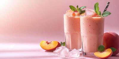 Refreshing peach smoothies served in clear glasses with mint and ice on a soft pink background during summer photo