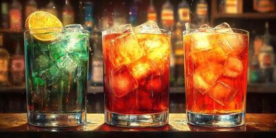 Colorful cocktails served with ice and fruit garnishes at a bustling bar during a lively evening gathering photo