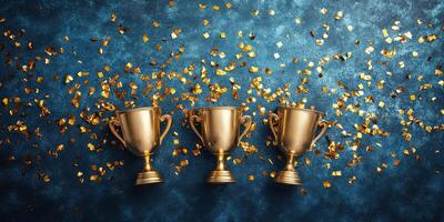 Golden trophies placed on a textured blue surface surrounded by confetti celebrating success and achievement photo
