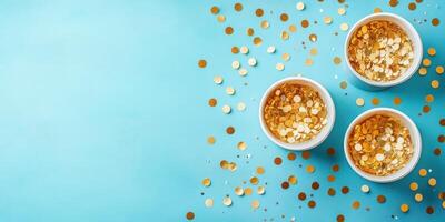 Three bowls filled with golden confetti on a vibrant blue background for a festive celebration photo