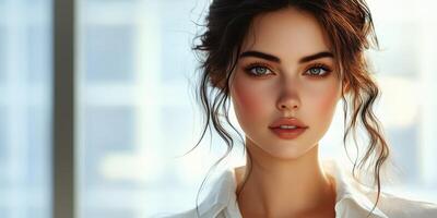 Portrait of a young woman with striking features and natural makeup indoors during daylight photo