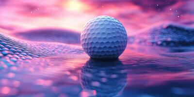 Golf ball resting on a reflective surface during a colorful sunset with vibrant hues in the background photo