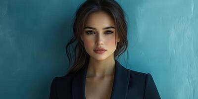 Portrait of a woman with striking features and elegant attire in a blue setting photo