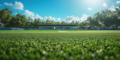 Lush green sports field under bright blue sky with clouds and modern stadium in the background during sunny daytime photo