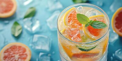 Refreshing cocktail with citrus fruits and ice on a vibrant blue surface during a sunny day photo