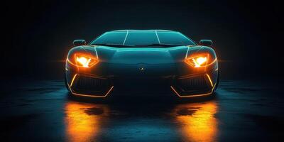 Sleek sports car showcases dynamic lighting in a dark setting with vibrant highlights photo