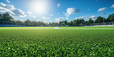Bright and sunny day on the soccer field with pristine artificial grass and blue sky backdrop photo