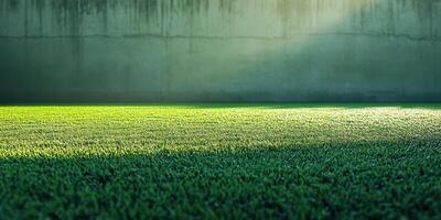 Lush green grass illuminated by soft sunlight in an urban setting with a textured wall backdrop photo