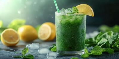 Refreshing green mint drink with lemon and ice served in a tall glass photo