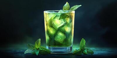 Refreshing drink with mint leaves and ice in a clear glass on a dark background for a cool summer treat photo