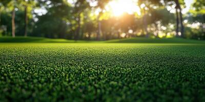 Lush green grass illuminated by sunlight in a serene outdoor environment during early morning hours photo