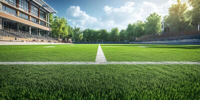 Green grass field ready for a soccer match at an urban sports complex on a sunny day with gentle clouds in the sky photo