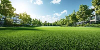 Lush green field surrounded by modern buildings under a clear blue sky during the afternoon photo