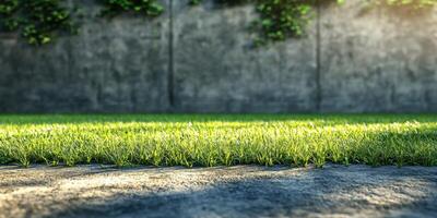 Lush green grass growing vibrantly on a concrete surface in a garden setting during late afternoon sunlight photo
