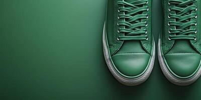 Green sneakers placed on a flat surface emphasizing texture and color in a minimalist style photo