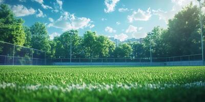 Bright sunny soccer field with lush grass and clear blue sky in an urban park during the afternoon photo