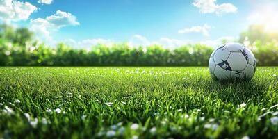 Soccer ball resting on a lush grassy field in bright sunlight with scattered clouds in the sky photo
