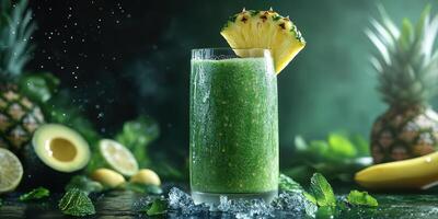 Refreshing green smoothie with tropical fruits and mint on a dark background photo