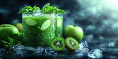 Refreshing green smoothie prepared with fresh fruits and mint leaves on a dark countertop with ice photo