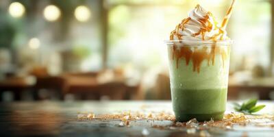 Enjoying a refreshing green tea dessert topped with creamy swirls and caramel in a cozy cafe during the afternoon photo