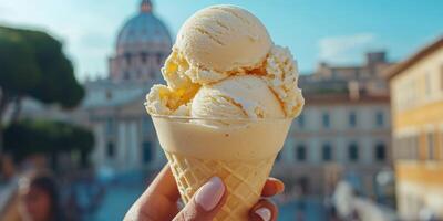 Hand holding a cone of ice cream with St. Peter's Basilica in the background on a sunny day in Rome photo
