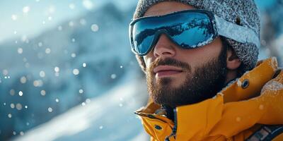 Snowy mountain adventure with a man in winter gear and reflective goggles enjoying the scenery on a clear day photo
