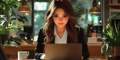 Young professional focused on work in a modern office setting in the morning light photo